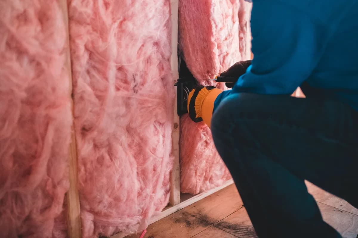 Handwerker bringt Dämmmaterial für die thermische Sanierung an einer Fassade an